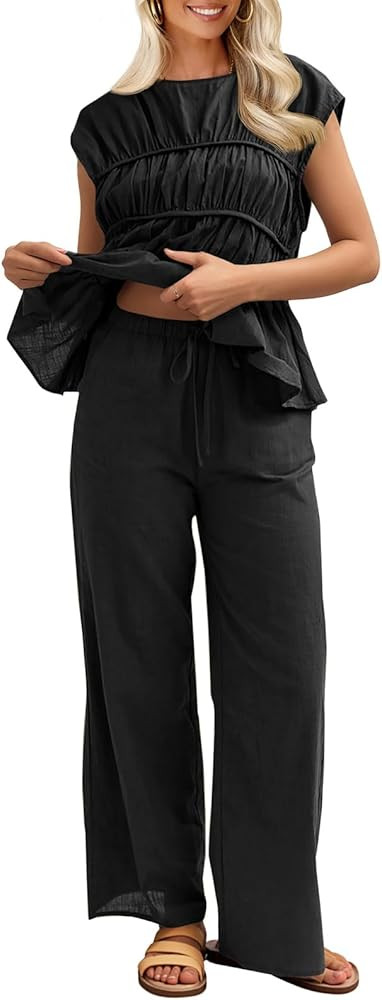 Tankaneo Womens 2 Piece Sets Summer Linen Babydoll Peplum Pleated Tank Top Pants Set Cotton Trave... | Amazon (US)