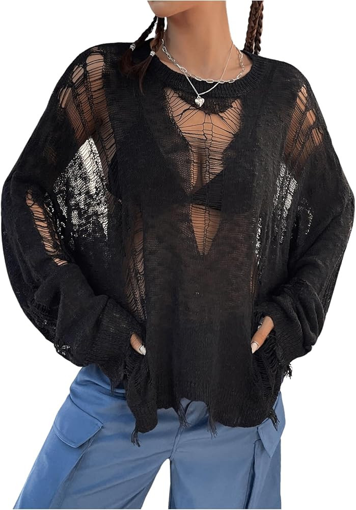GORGLITTER Women's Gothic Distressed Sweater Hollow Out Ripped Long Sleeve Round Neck Oversized P... | Amazon (US)