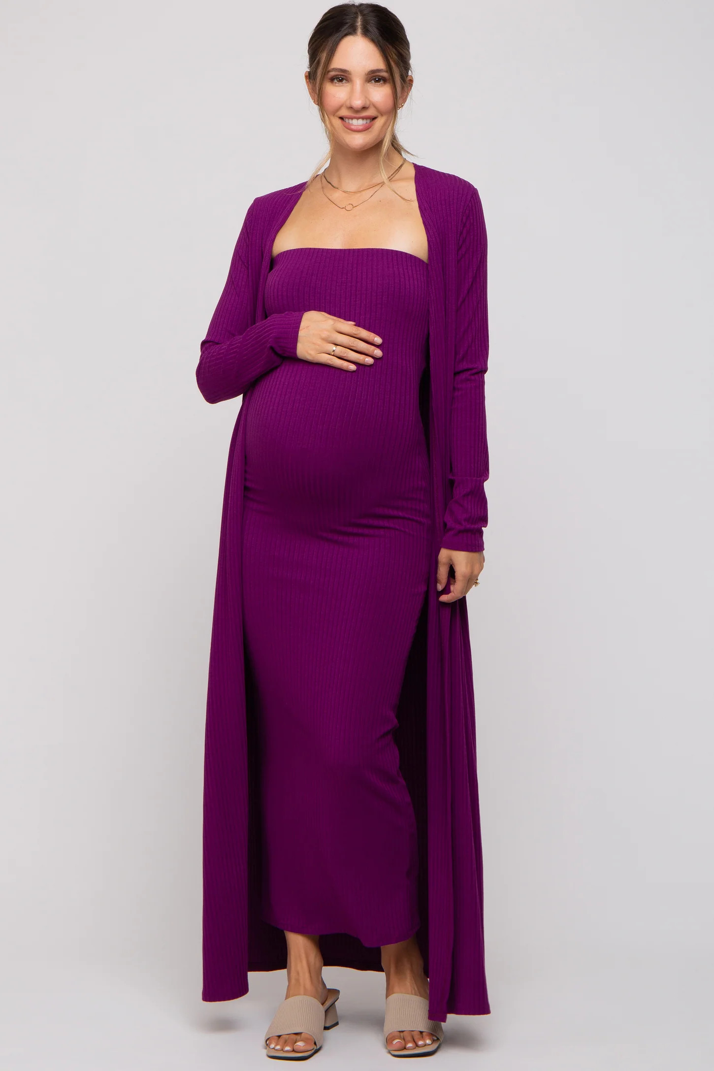 Pink Ribbed Sleeveless Dress Cardigan Maternity Set | PinkBlush Maternity