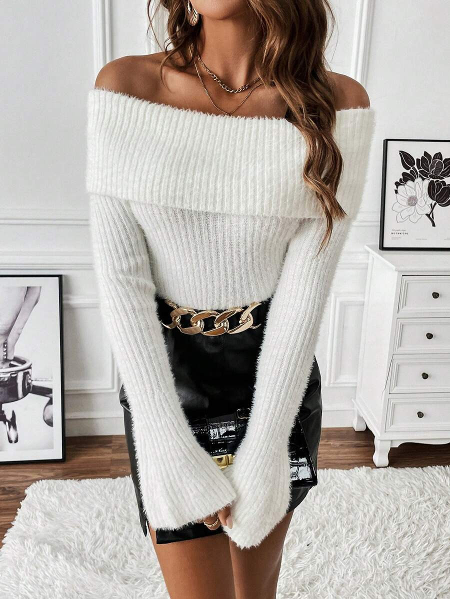 SHEIN Relaxiva Off Shoulder Foldover Flounce Sleeve Sweater,Long Sleeve Tops | SHEIN