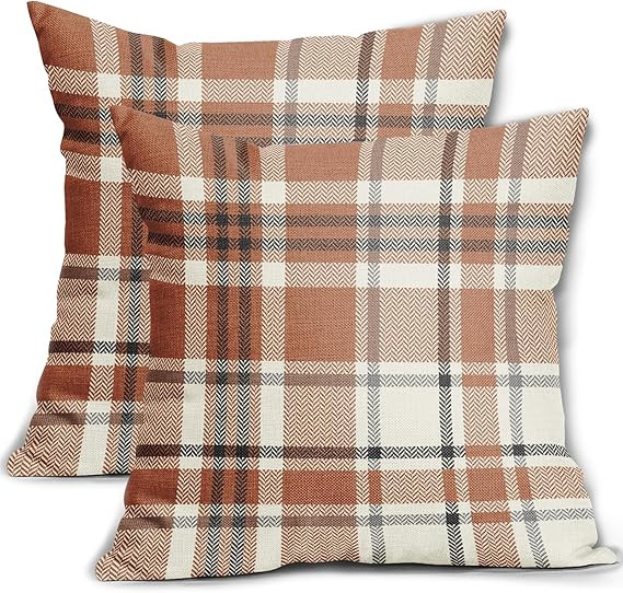Fall Plaid Pillow Covers 18x18 Set of 2 Burnt Orange Gray Cream Rustic Autumn Colored Print Decor... | Amazon (US)