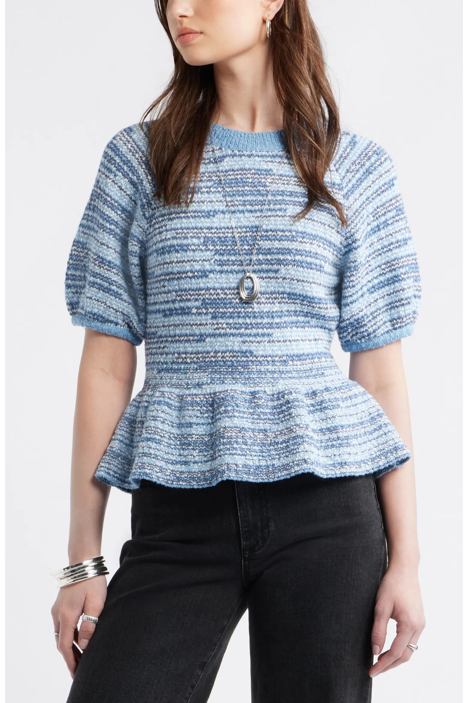 Space Dye Puff Sleeve Cotton Peplum Sweater (Women) | Nordstrom | Nordstrom