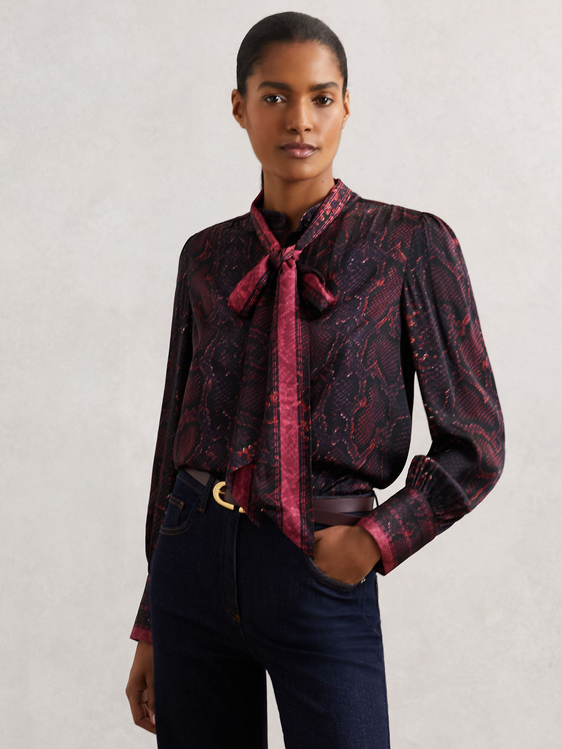 Snake-Print Tie-Neck Blouse in Burgundy | Reiss UK
