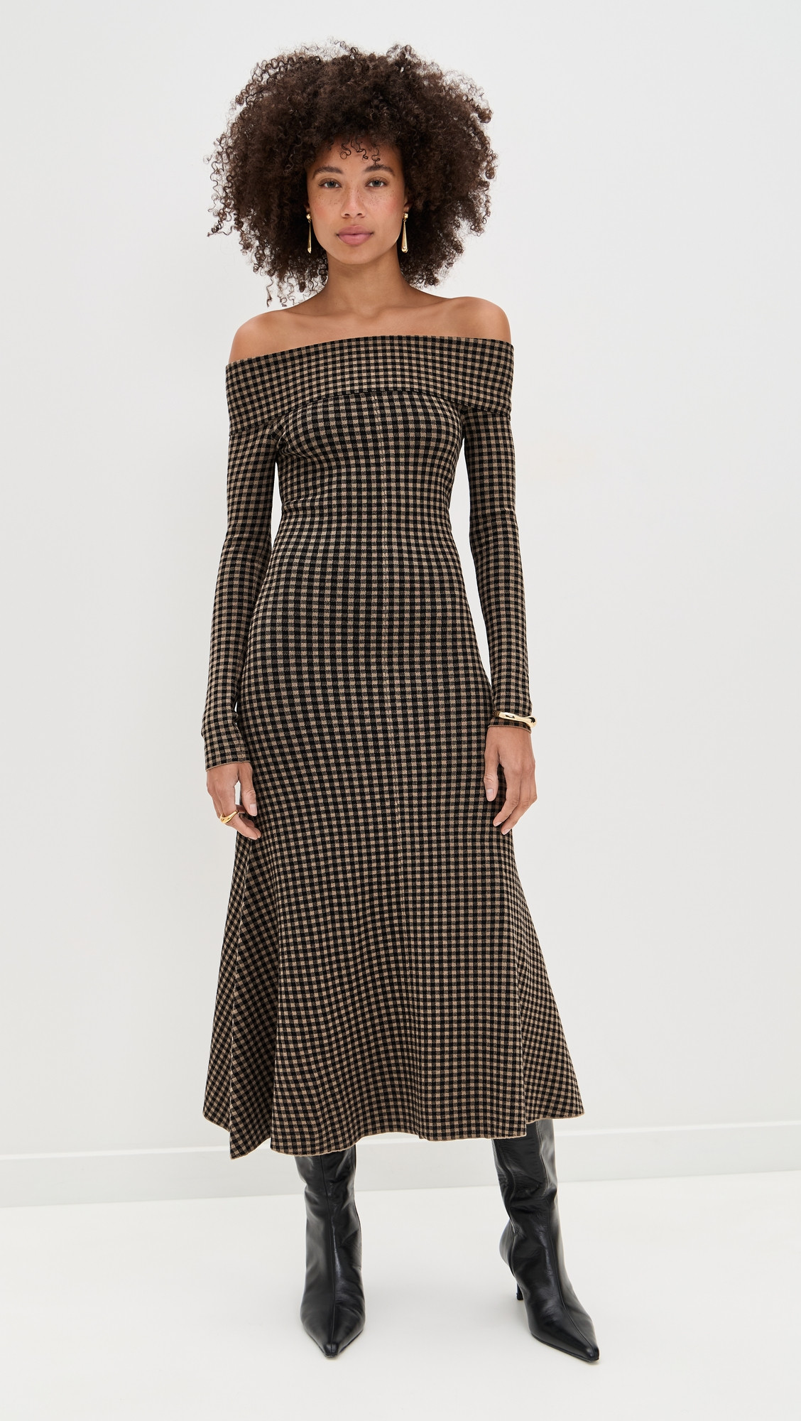 LE BOP Gingham Knit Off Shoulder Dress Chocolate/Black XS | Shopbop