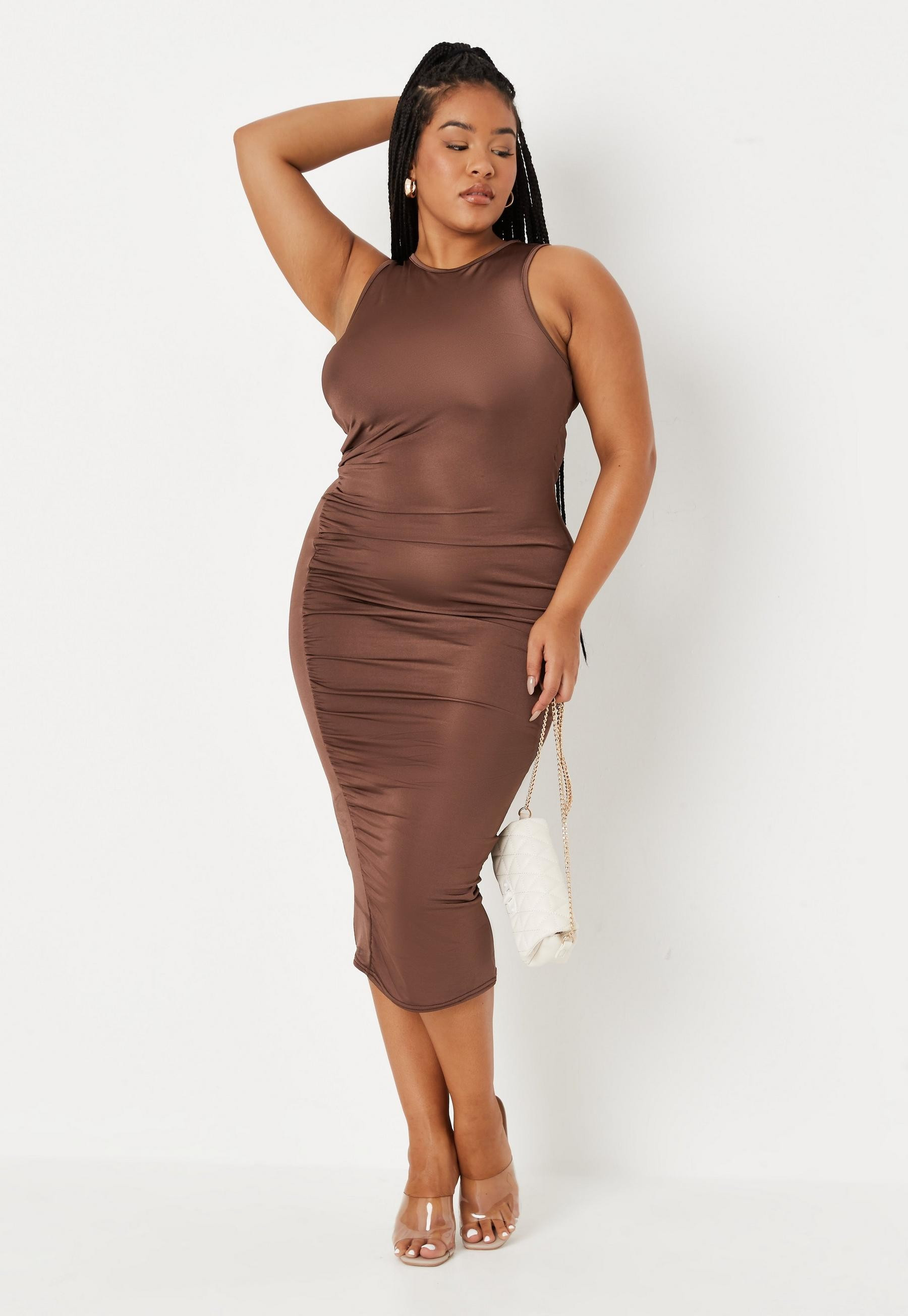 Missguided - Plus Size Chocolate Slinky Ruched Midaxi Dress | Missguided (US & CA)