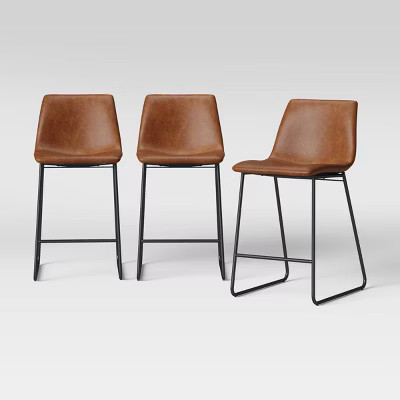 3pk Bowden Faux Leather and Metal Counter Height Barstool Caramel - Threshold™ | Target