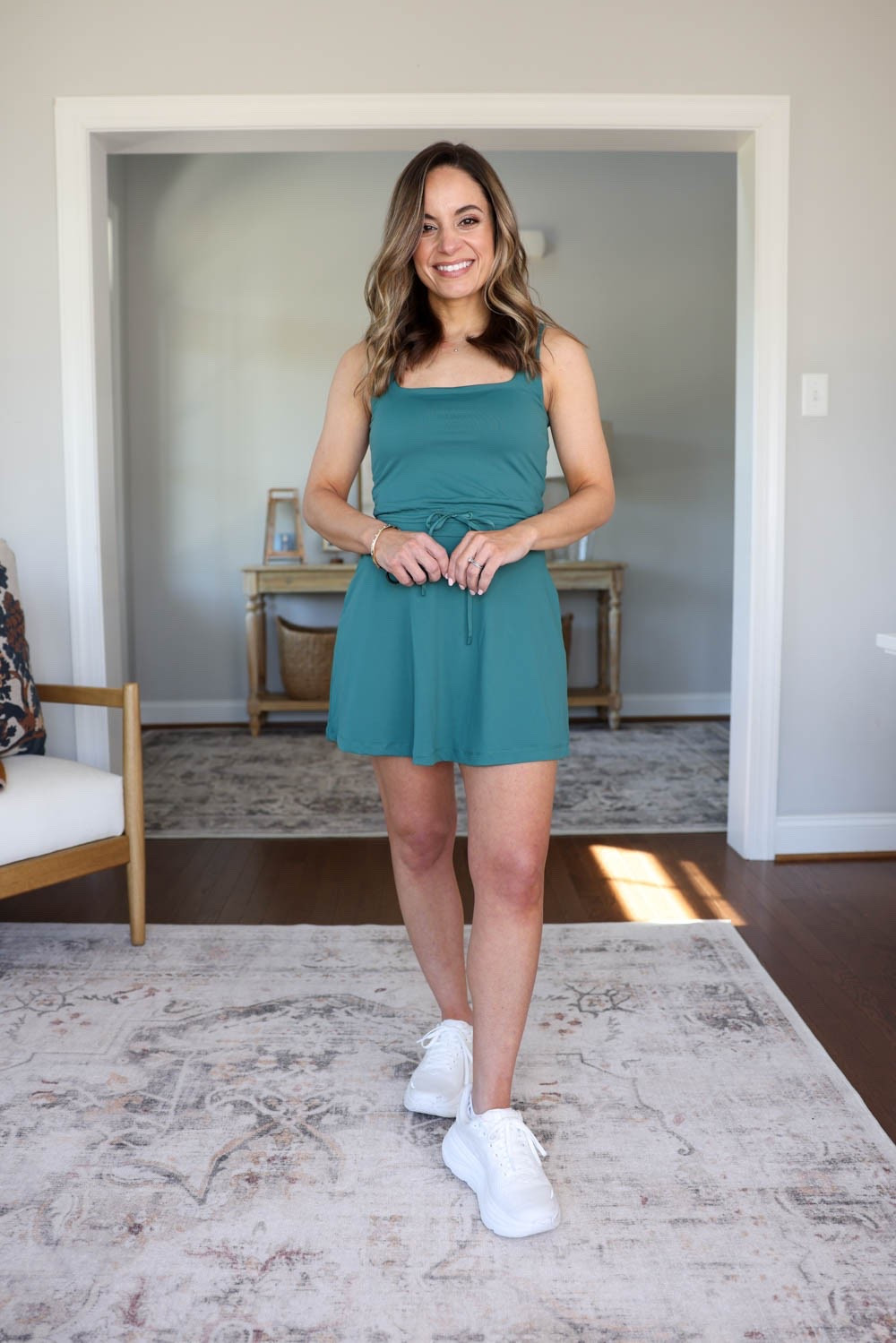 Petite-friendly active dress from Target. I’m wearing xs here and it fits me well. Built in bra and shorts.