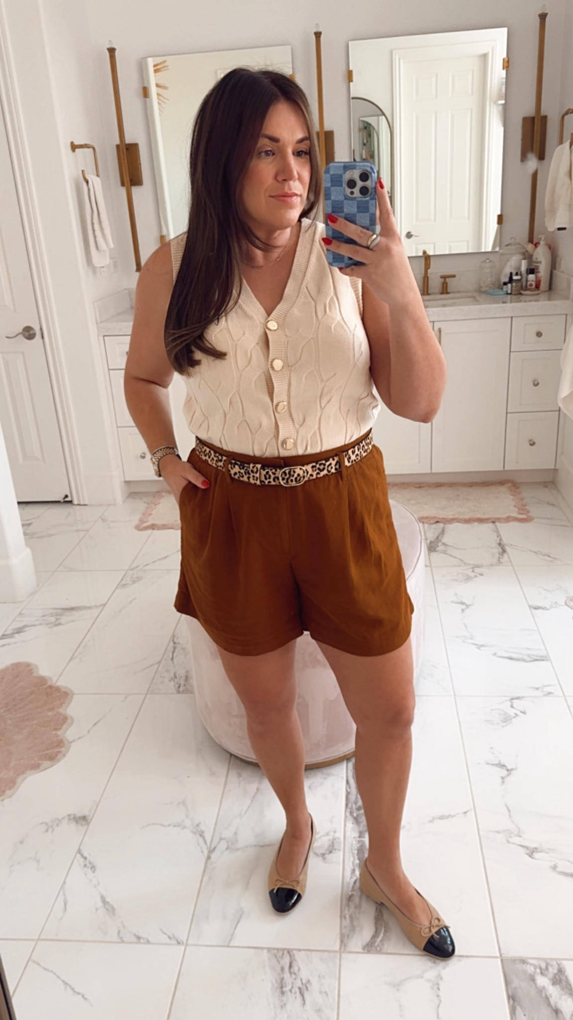 curvy fall outfit! wearing size large in cream sweater vest and size 14 in cognac linen shorts! could have taken the 12 though. found my exact belt too! flats are Chanel, i’ll link similar! 

#LTKFindsUnder50 #LTKMidsize #LTKSeasonal
