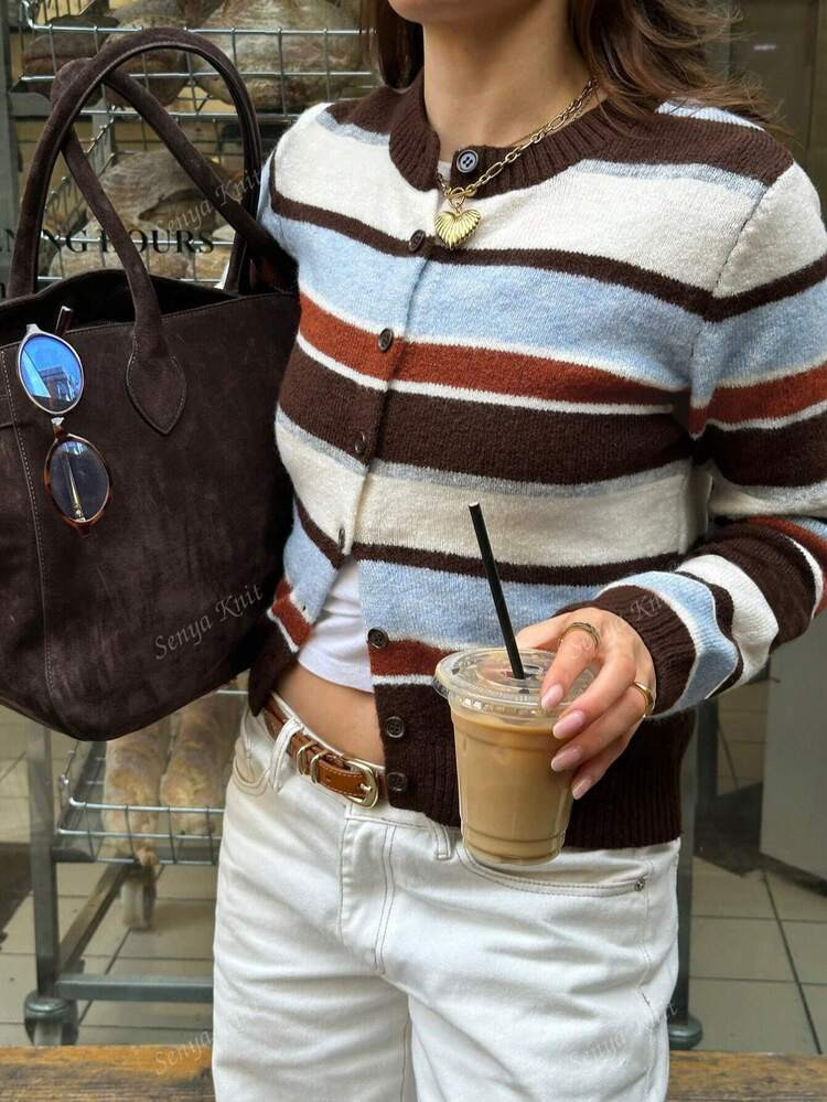 Senya Women's Clashing Stripe Round Neck Long Sleeve Knitted Cardigan, Retro Slim Casual Sweater ... | SHEIN