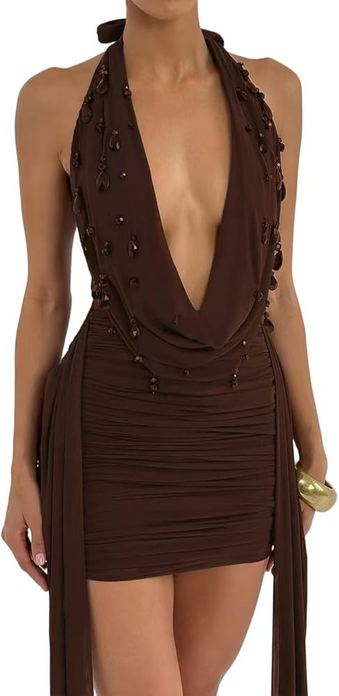 Women's Halter Deep V Neck Beaded Decor Ruched Sexy Mini Dress Backless Bodycon Cocktail Dress | Amazon (US)