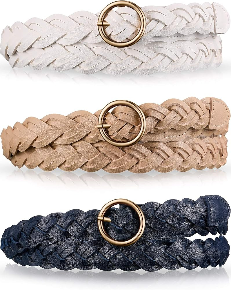 3 Pieces Women's Braided Leather Belt Skinny Woven Braided Belt O-Ring Buckle Leather Belt for Dress | Amazon (US)