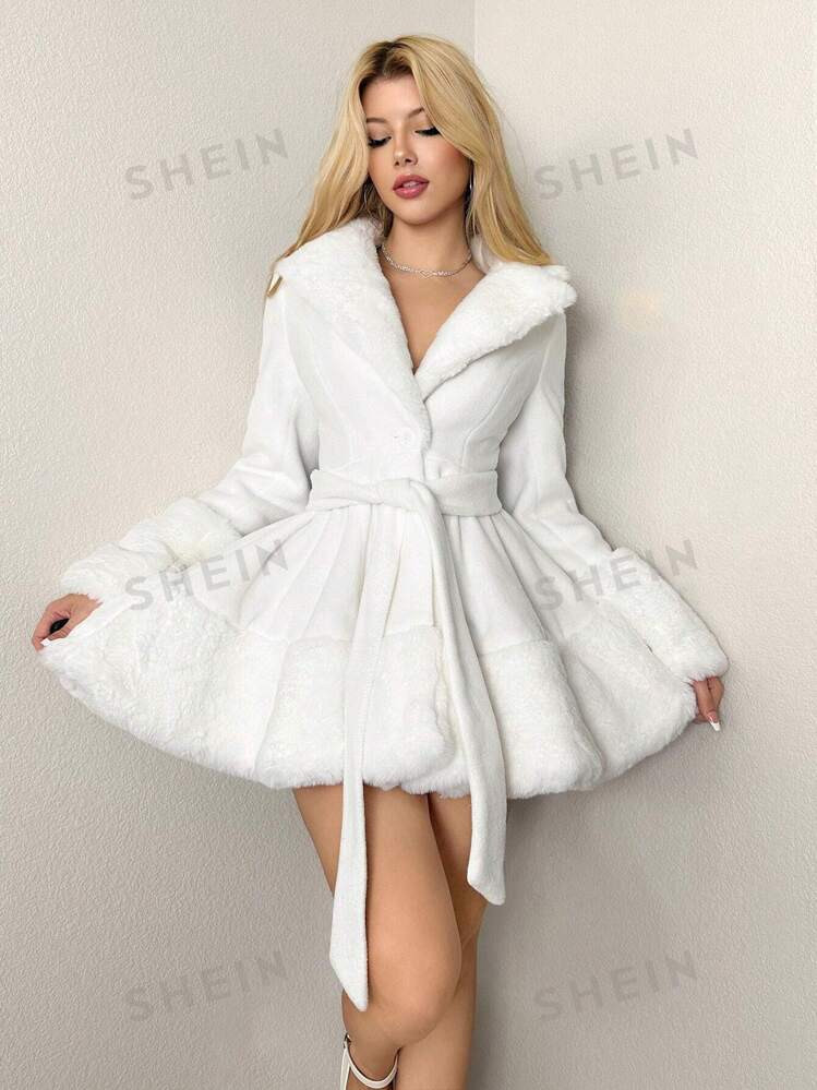 Sweetina Women's Solid Color Long Sleeve Elegant Stand Collar Flared Hem Fluffy Jacket, Winter | SHEIN