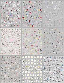 JMEOWIO 9 Sheets Spring Flower Nail Art Stickers Decals Self-Adhesive Pegatinas Uñas Colorful Su... | Amazon (US)