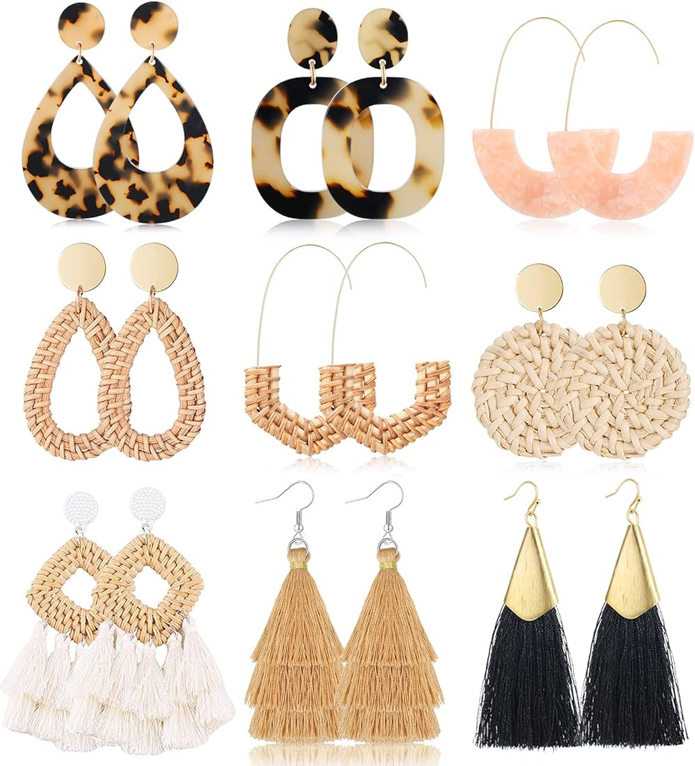 TOSGMY 9-12 Pairs Rattan Earrings for Women Handmade Boho Tassel Earrings Lightweight Acrylic Earrin | Amazon (US)