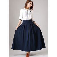 Pleated Maxi Skirt, Long Linen Blue Modern Skirt With Pockets, Clothing, Spring Summer Outwear 0855# | Etsy (US)