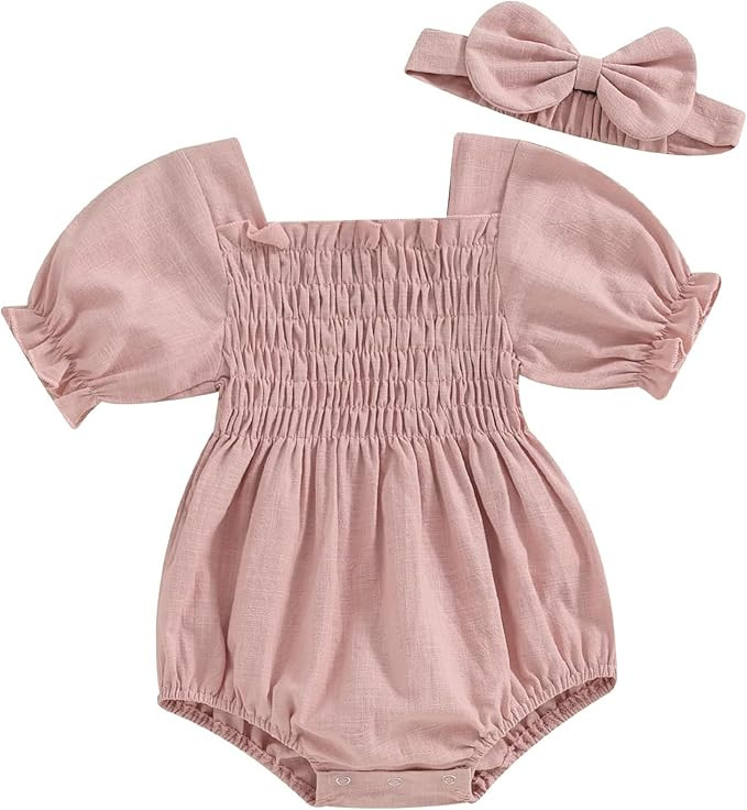 MERSARIPHY Baby Summer Clothes Newborn Infant Girl Smocked Pleated Romper Bubble Short Sleeve Bod... | Amazon (US)