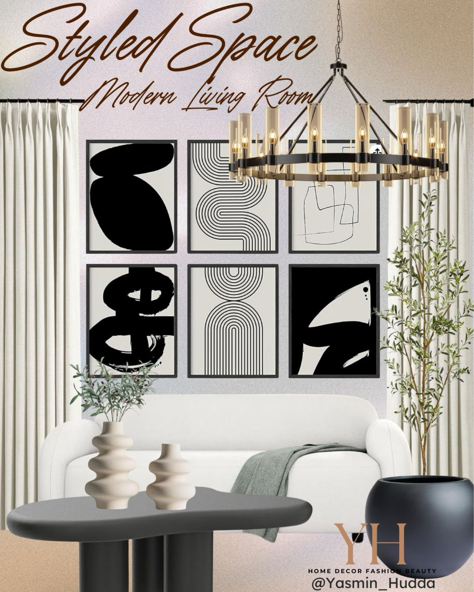 Modern living room home decor
Styled space inspiration 
Linen blackout curtain / abstract art / 3 seater sofa / chandelier
Living room home decor for less on Amazon Prime Day deals!