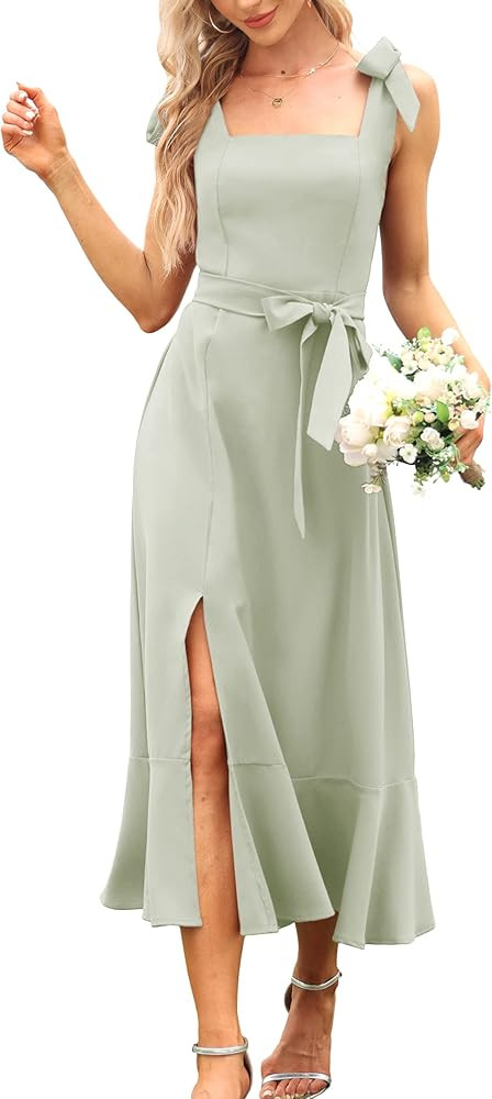 Women's Elegant Bridesmaid Dresses Square Neck Ruffle Split Midi Formal Dress for Wedding Guest C... | Amazon (US)