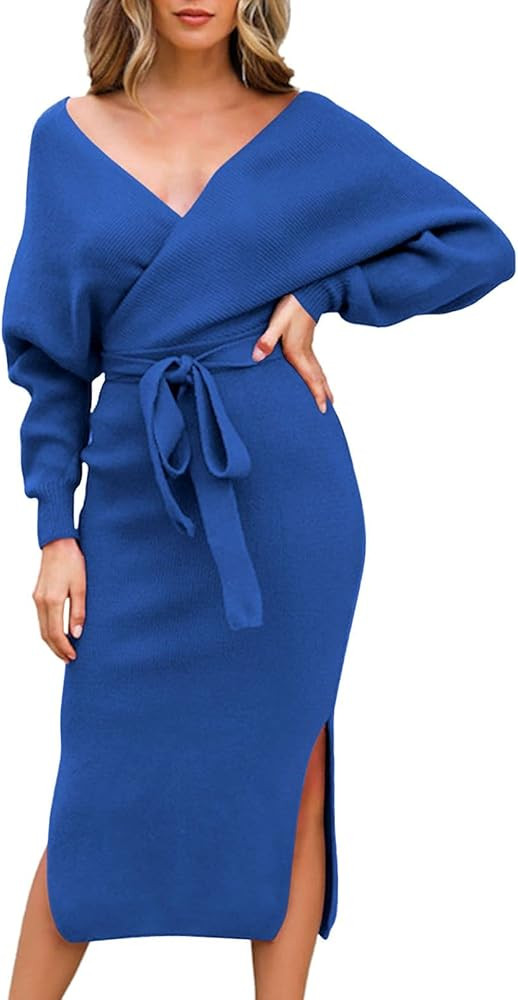 Viottiset Women's V Neck Long Batwing Sleeve Wrap Midi Knit Sweater Dress Elegant Backless with Belt | Amazon (US)
