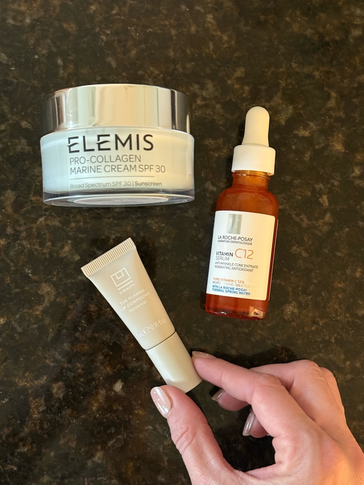 The quickest morning skincare if you need a little something but don’t have a lot of time. 
1. Vitamin C serum that is non greasy!
2. Ultra smooth moisturizer w/ SPF
3. The MOST luxurious lip balm that also protects your lips.