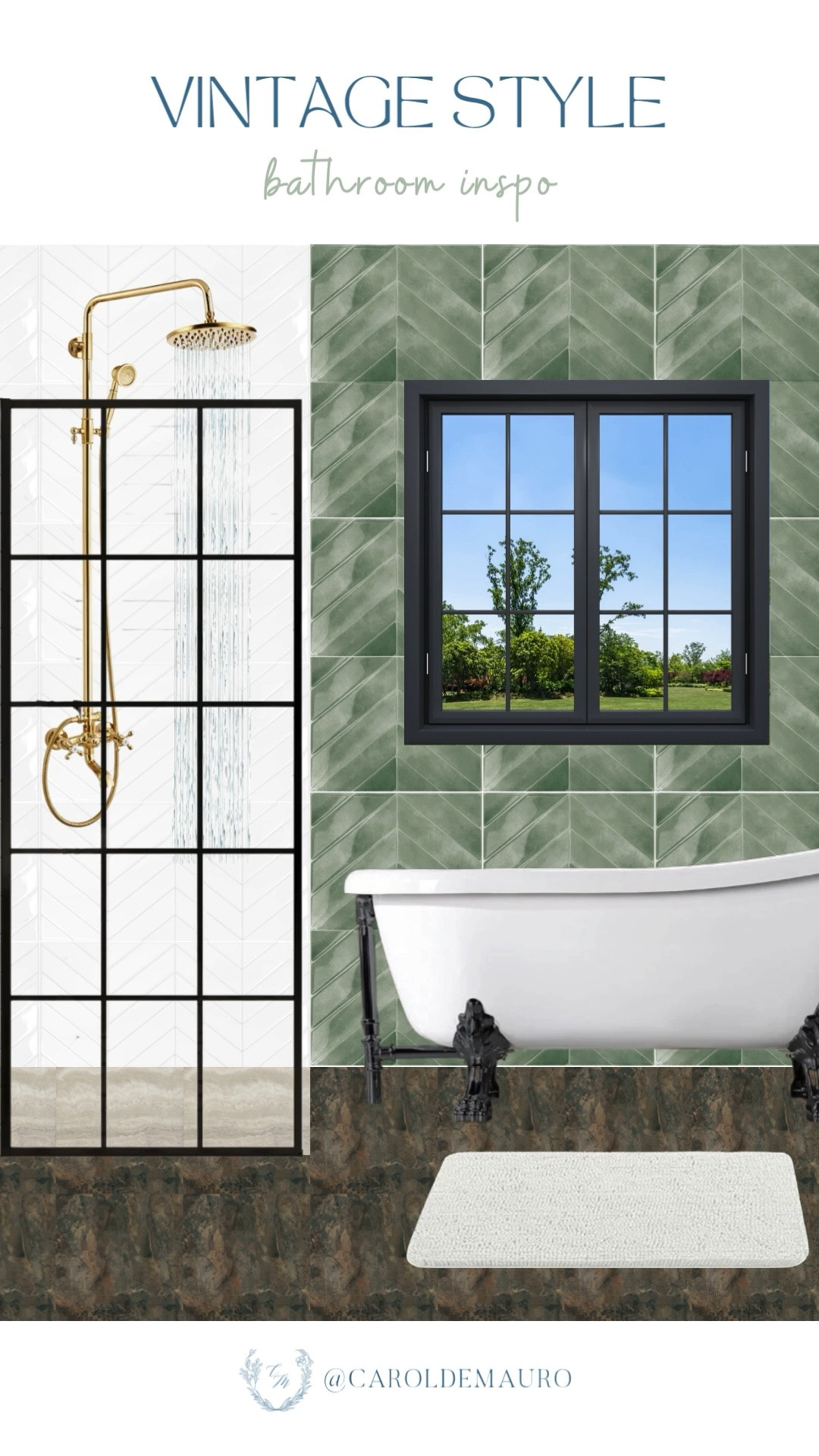 Completely in love with this dream vintage-style bathroom mood board! Love the pairing of the classic claw-foot tub and a luxury gold rainfall shower head with a French style shower enclosure, stunning green wall tile, earthy floor tile, and a plush white bath mat. vintage bathroom, bathroom style, home refresh, bathroom makeover, sage green decor, shower inspo, interior design

#LTKSeasonal #LTKHome #LTKU