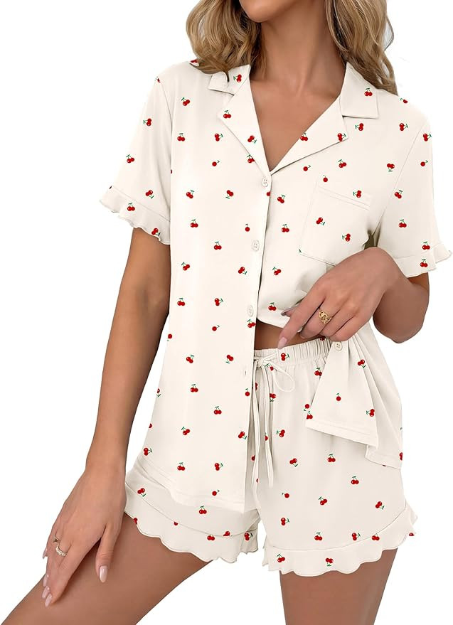Ekouaer Pajamas Set for Women Button Down Pjs Lounge Sets Ruffle Short Sleeve Sleepwear Cute Loun... | Amazon (US)
