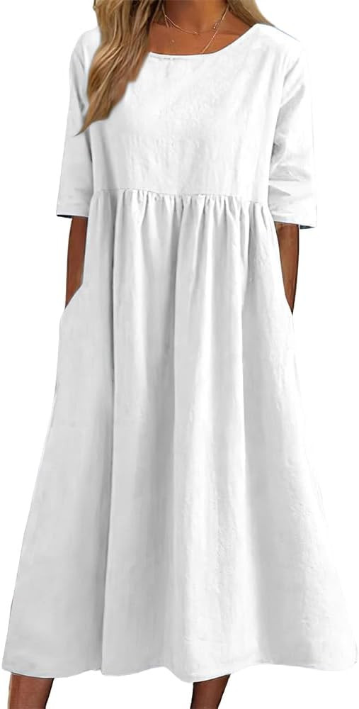 TIAFORD Women's Half Sleeve Linen Maxi Dresses Casual Loose Plus Size Beach Dress for Women with ... | Amazon (US)