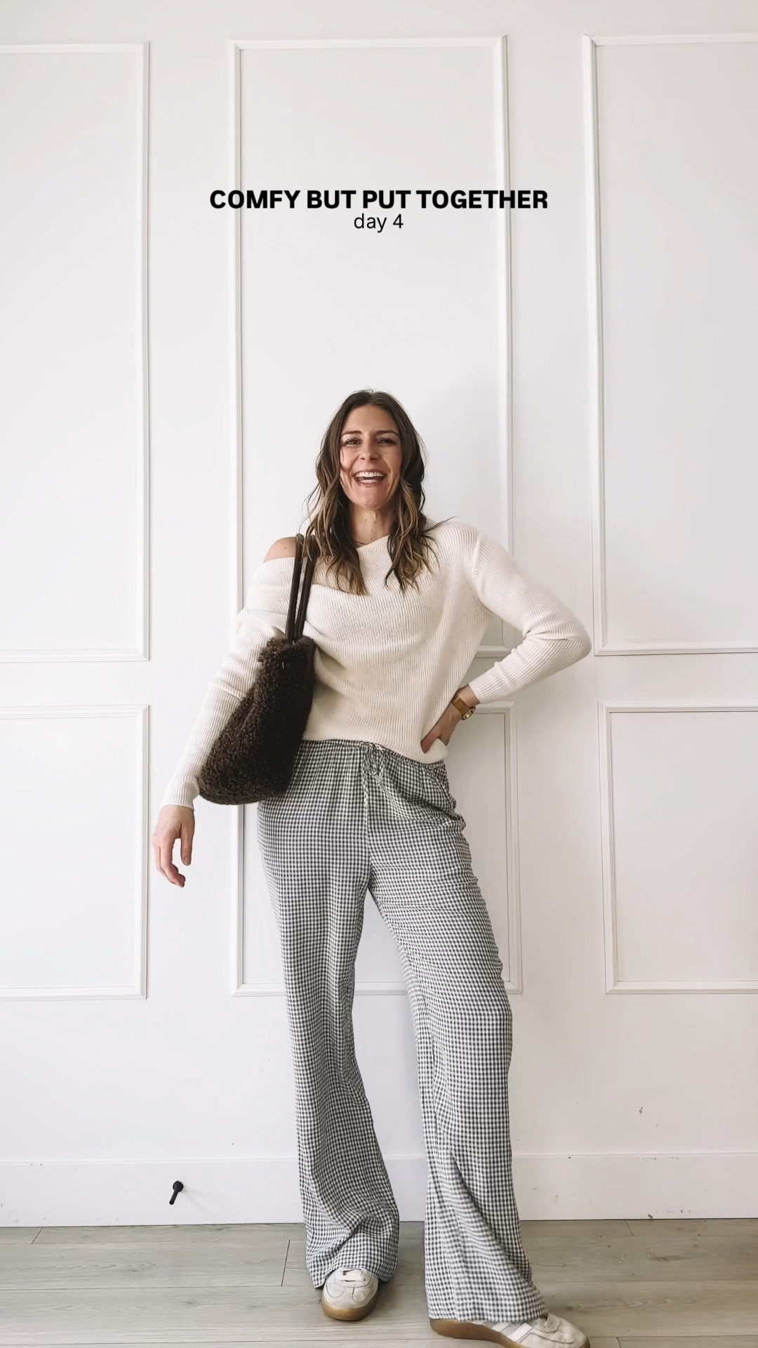 Comfy but put together everyday outfit with off the shoulder sweater, relaxed pants, neutral sneakers, and sherpa tote.

#LTKmomlife #LTKgrwm #LTKootd
