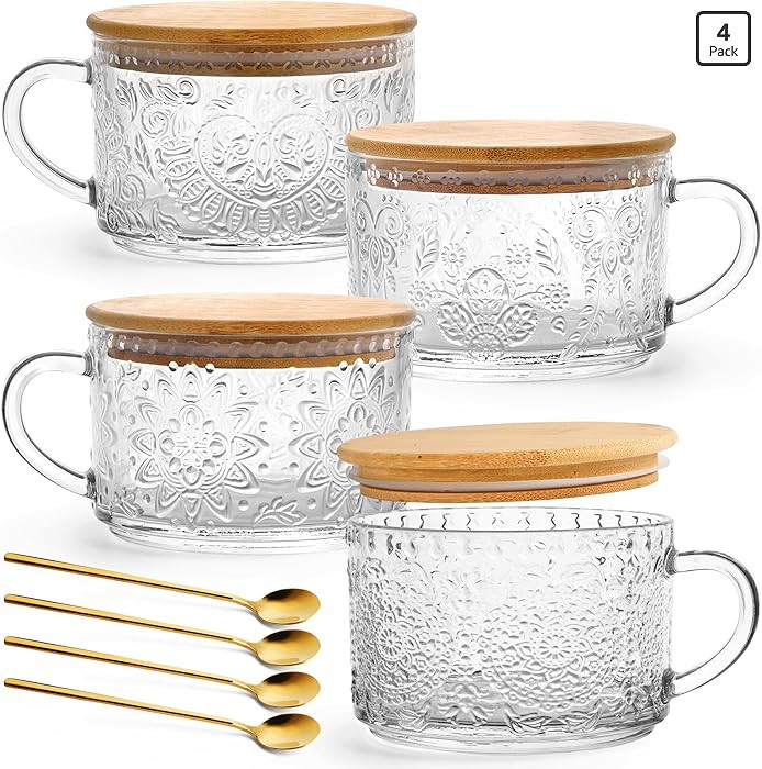 Amazon.com | YORY 4-Pack Vintage Glass Mugs with Bamboo lids and Spoons Coffee Tea Cups Gifts for... | Amazon (US)