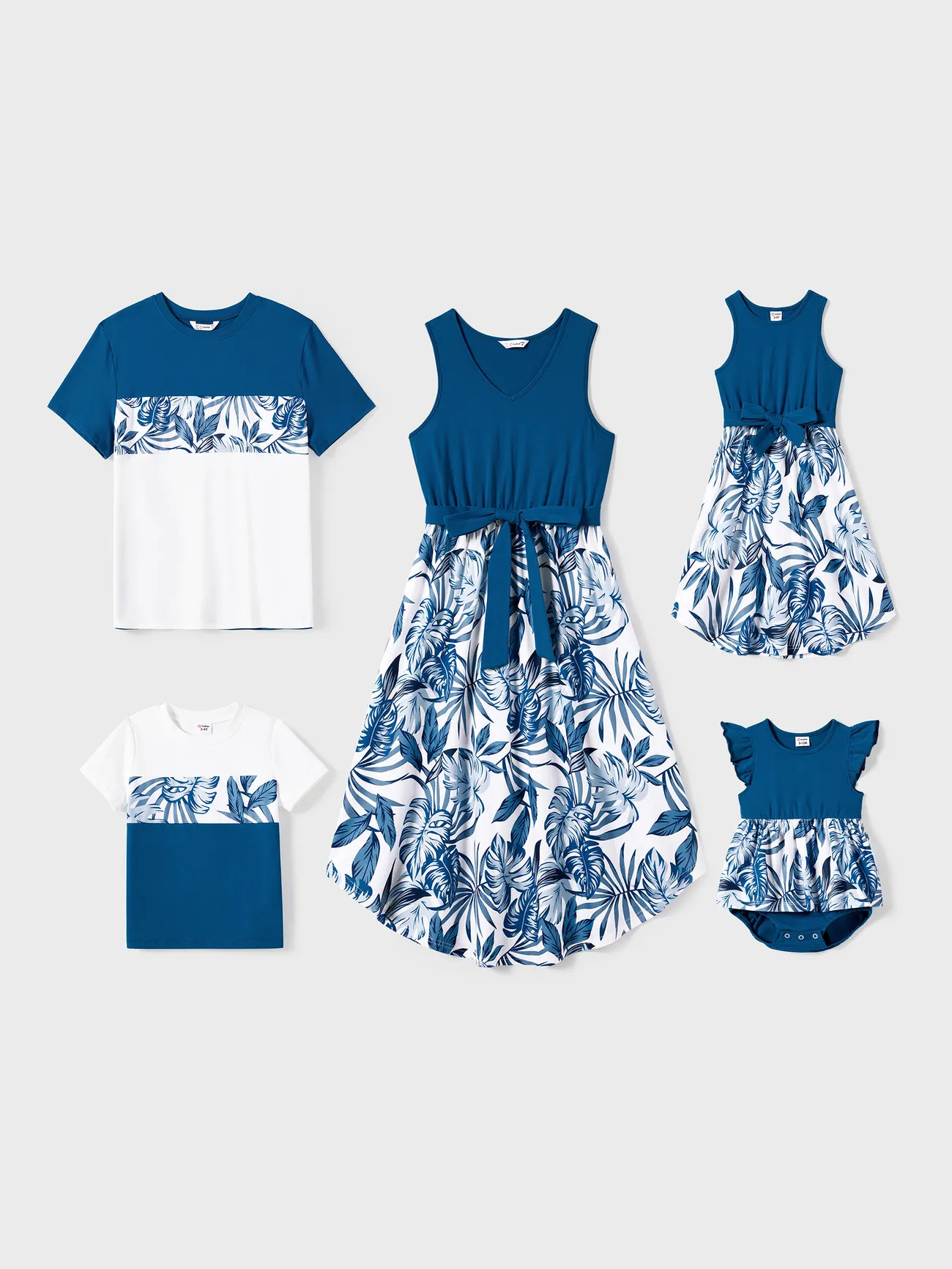 Family Matching Plant Print Splice Belted Tank Dresses and Color Block Short-sleeve T-shirts Sets | PatPat