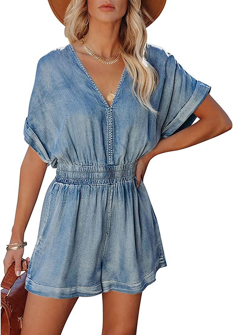 Glkaend Women's Vintage V Neck Short Denim Jumpsuits Short Sleeve Distressed Summer Wide Leg Jean... | Amazon (US)