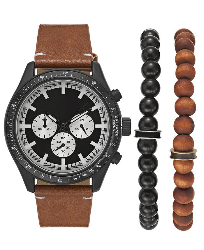 INC Men's Brown Leather Strap Watch 48mm Gift Set, Created for Macy's | Macys (US)