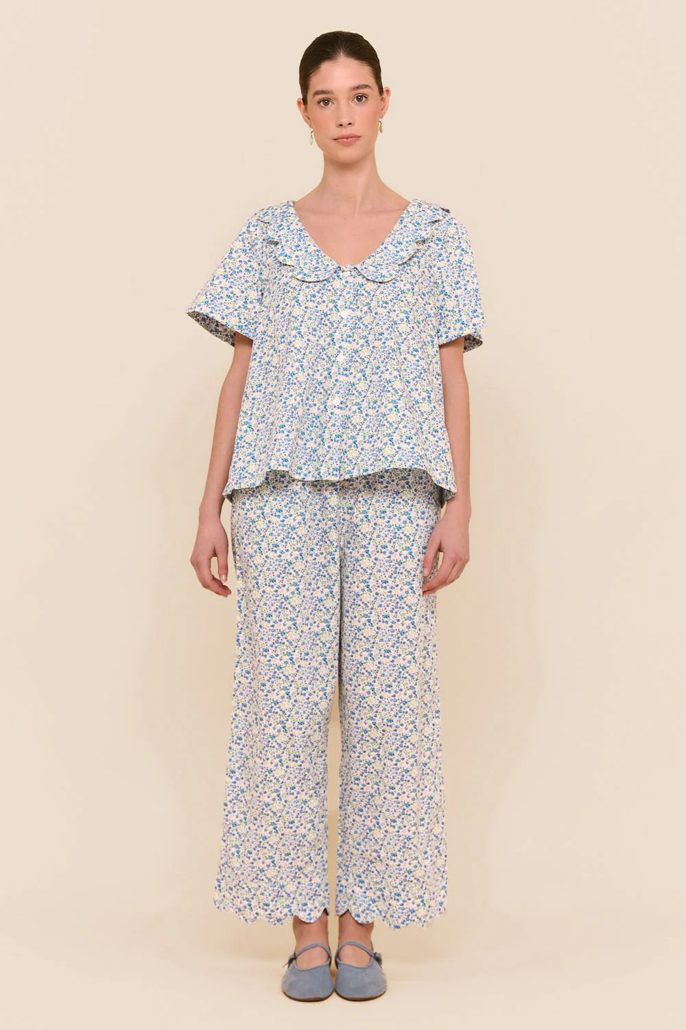 Penelope Sleep Set - Pants - Cotton - Floret Blue | Piyama US