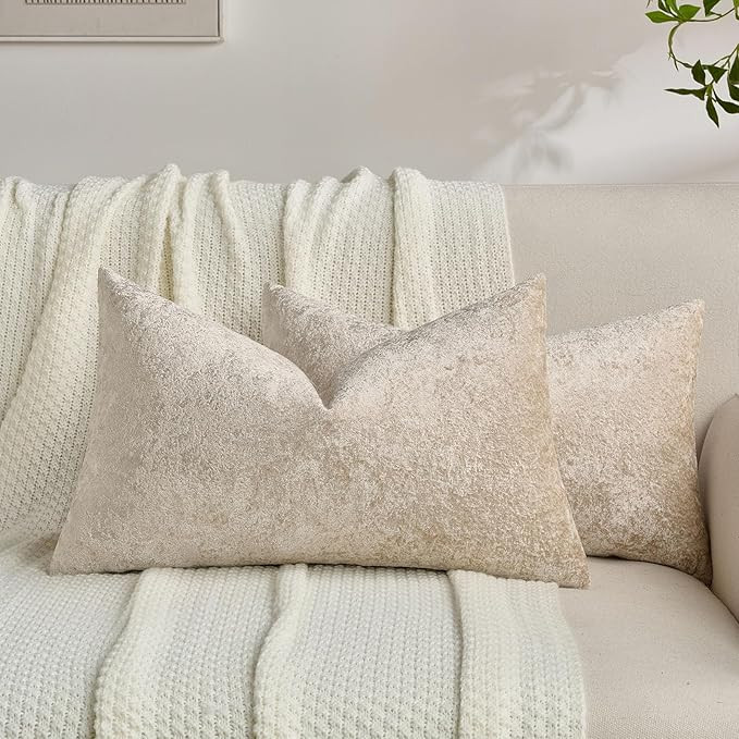 FUTEI Beige Flannel Throw Pillow Covers 12x20 Inch Set of 2,Soft Crushed Dimensional Textured Lum... | Amazon (US)
