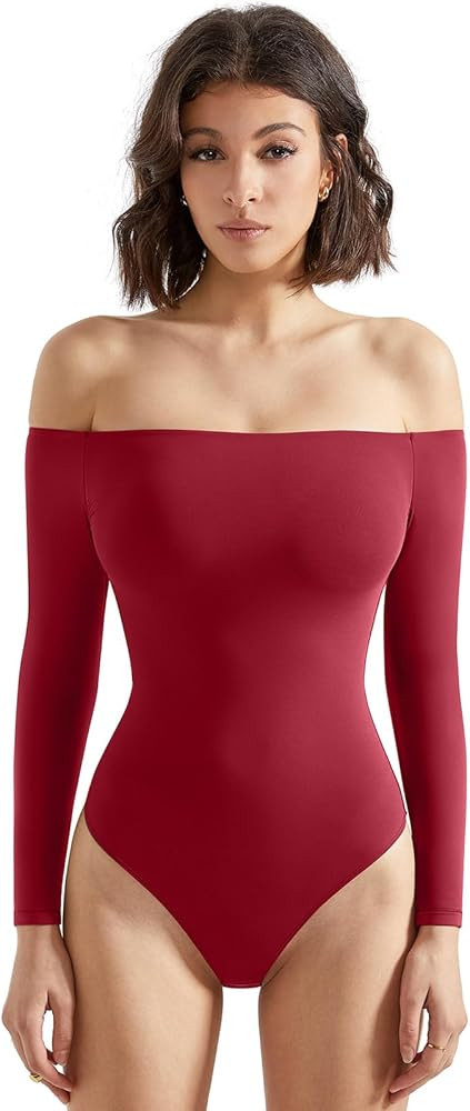 SUUKSESS Women Off the Shoulder Long Sleeve Bodysuit Double Lined Thong Bodysuit | Amazon (US)