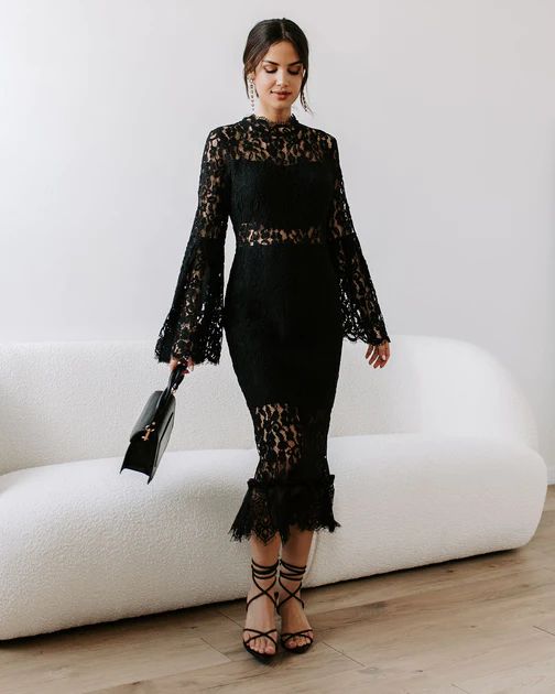 Imelda Crochet Lace Bell Sleeve Midi Dress - Black | VICI Collection