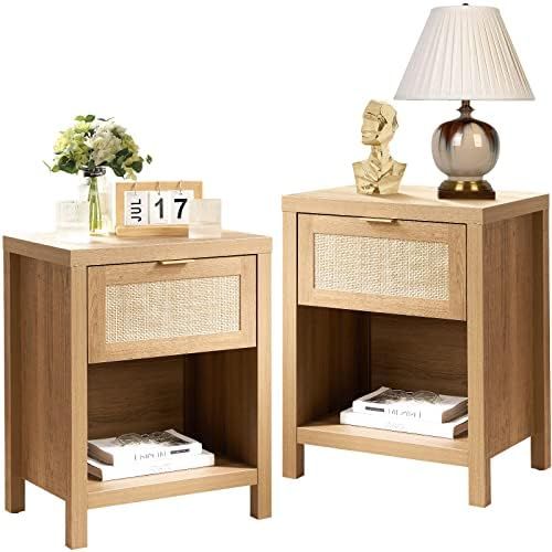Rattan Nightstand Set of 2 - Farmhouse Night Stand with Drawer and Storage Shelf - Boho Bedside T... | Amazon (US)