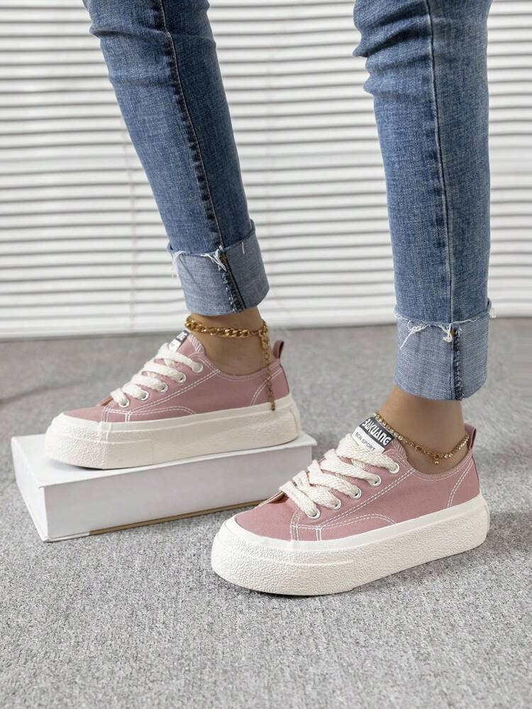 Women Letter Patch Decor Lace-up Front Skate Shoes, Canvas Sporty Sneakers Pink
       
         ... | SHEIN