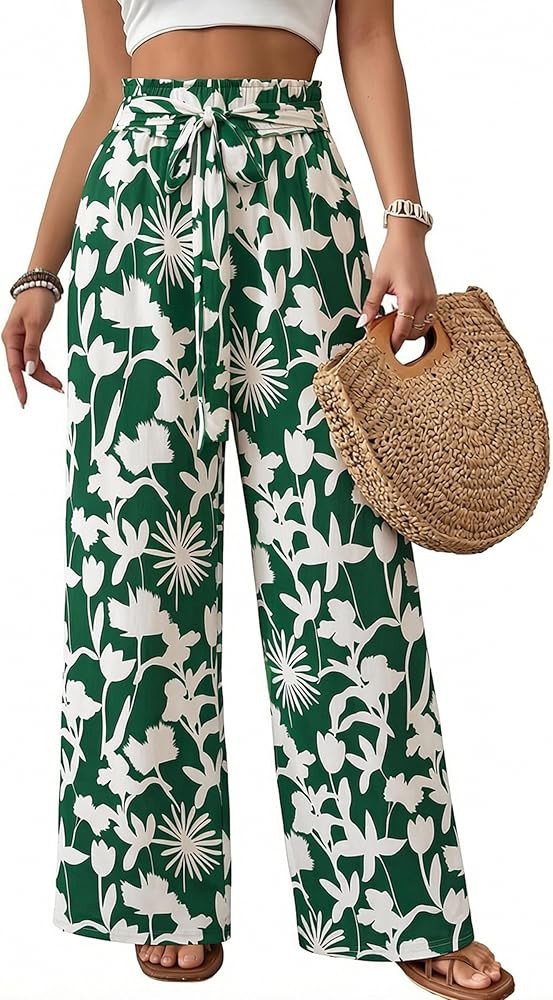 ECOWISH Wide Leg Pants for Women Summer 2026 Palazzo Tropical Floral Casual High Waist Flared Tro... | Amazon (US)