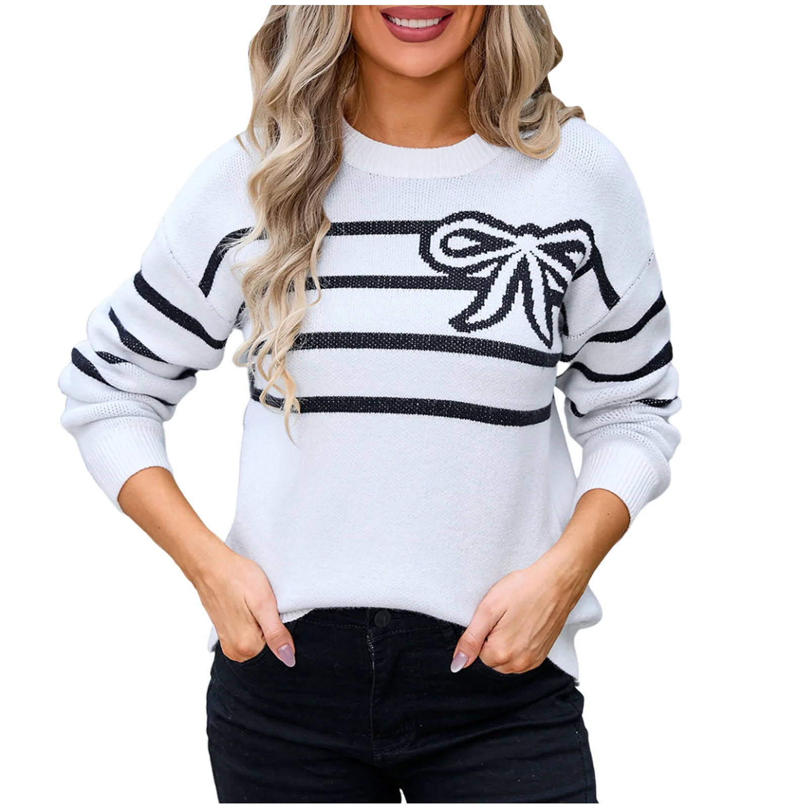Womens Sweaters Long Sleeve Casual Stripe Pullover Tops Sweaters Fashion Clothes Black L | Walmart (US)