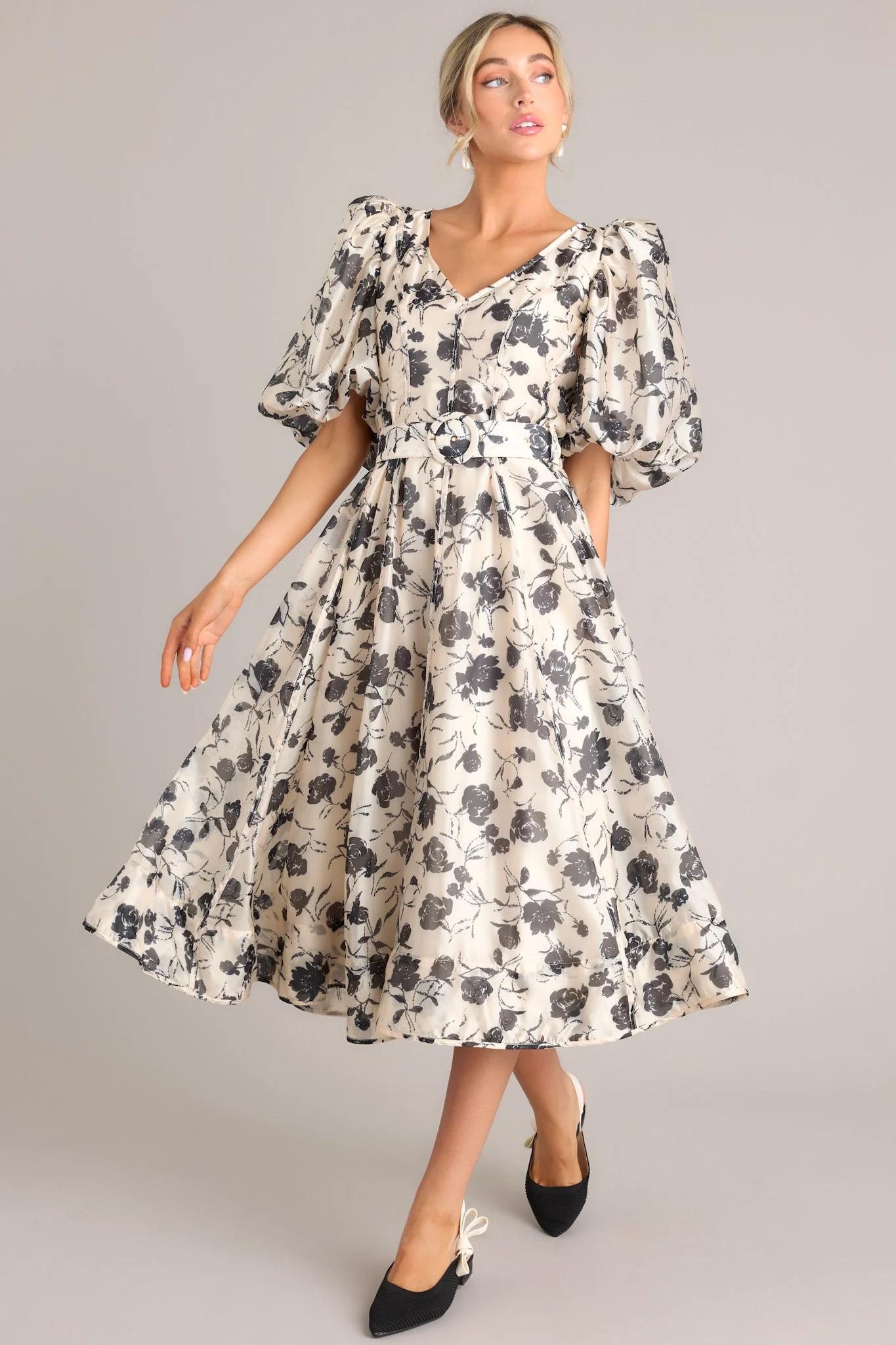 Blossoming Resilience Ivory & Black Floral Belted Midi Dress | Red Dress