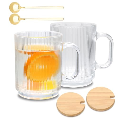 Cadamada 12 oz Glass Coffee Mugs with Handle, Classic Vertical Stripes Glass Coffee Cups, Transparent Tea Cup for Beverages, Latte,Glassware Set for Americano, Cappuccino,Hot Milk,2 Pack | Amazon (US)