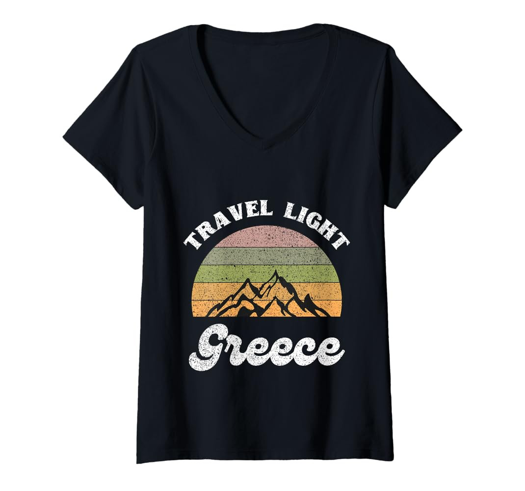 Womens Travel Light Greece Vacation Outfit Retro Greece V-Neck T-Shirt Mykonos Outfits Summer Greece | Amazon (US)