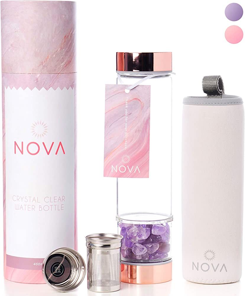 Rose Gold Crystal Elixir Infused Clear Motivational Gem Water Bottle + Protective Sleeve + Tea Infus | Amazon (US)