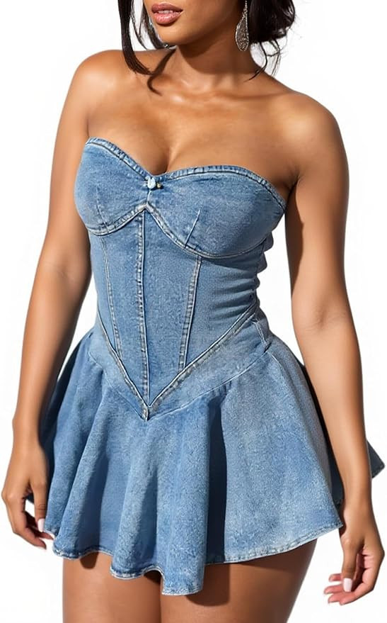 SHINFY Womens Summer Denim Dress Sexy Off Shoulder Strapless Bustier Corset Tube Pleated Mini Jea... | Amazon (US)