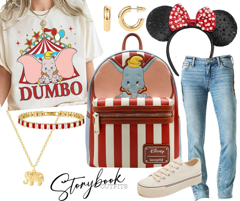 A nostalgic Dumbo Disney park outfit straight from the storybook — vintage Dumbo tee, circus-stripe Loungefly backpack, classic Minnie ears, soft denim, comfy platform sneakers, and subtle gold touches to tie it all together.

Perfect for Disney days, vintage lovers, and anyone who still believes in a little magic 

 #LTKTravel