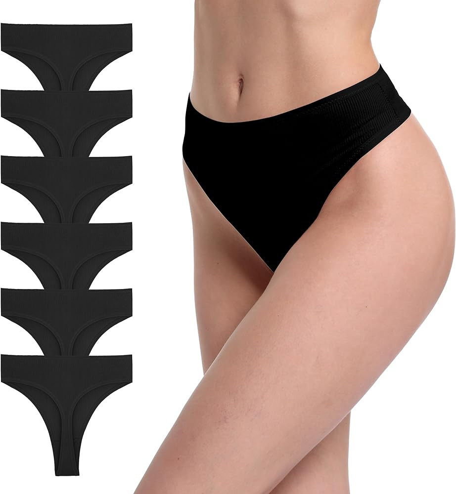 6 Pack Women's Ribbed Cotton Thongs High Waist Seamless Panties Plus Size High Rise No Show Under... | Amazon (US)