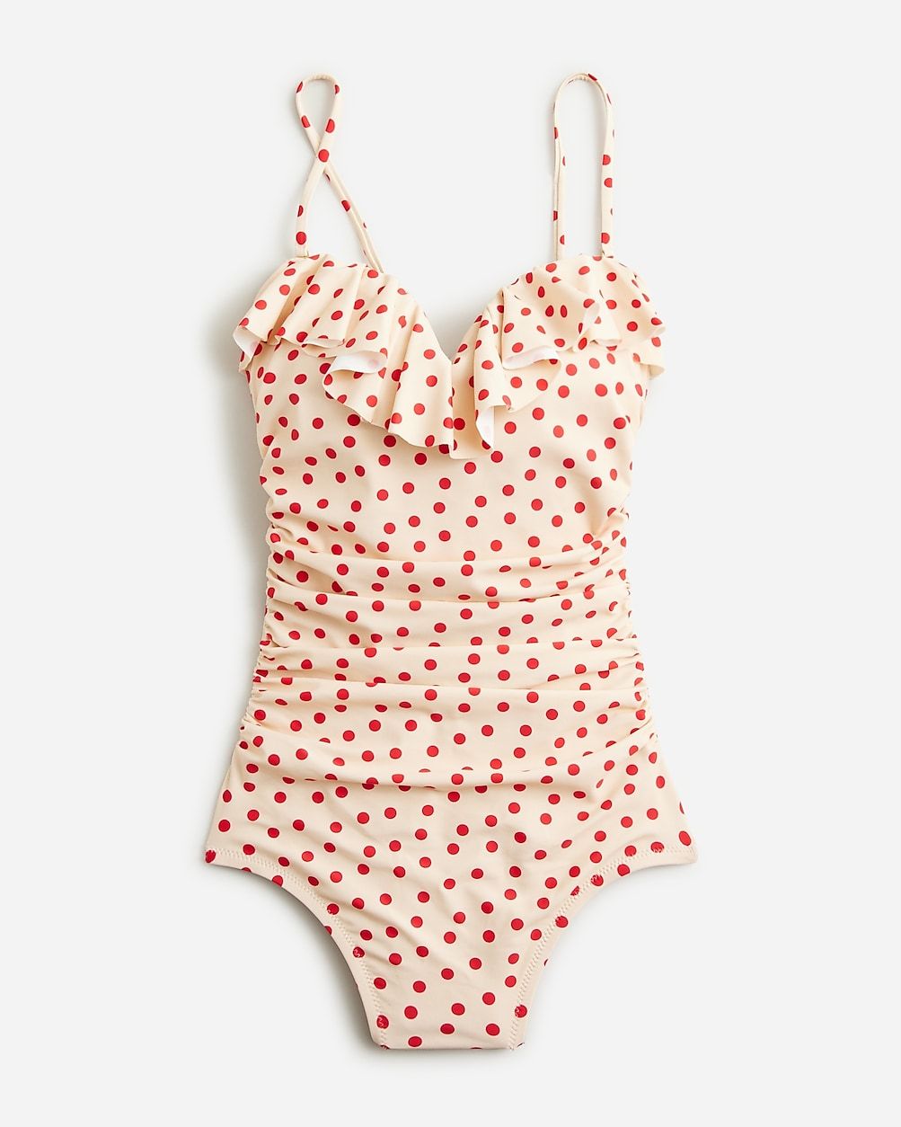 Ruched one-piece swimsuit with ruffles in red dot print | J.Crew US