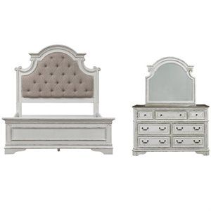 2 Piece Bedroom Set with King Bed and Mirror Dresser in Antique White | Cymax