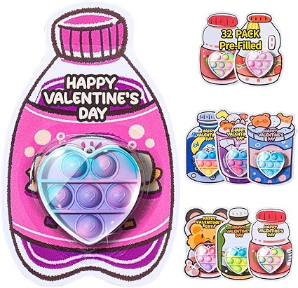 Valentines Day Gifts for Kids - 32 Pack Prefilled Heart Pop Fidget Valentines Cards for Kids Clas... | Amazon (US)